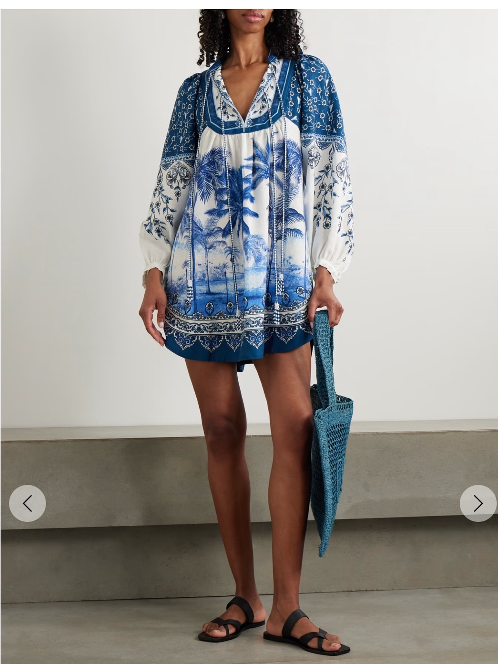FARM RIO Blue & White Palm tree beach Printed Boho Dress size medium